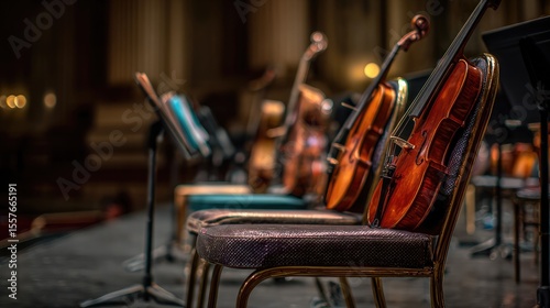 Classical music ensemble setup chairs, stands, strings, and concert lighting