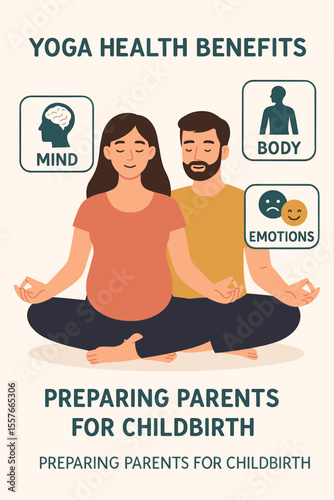 Prenatal Yoga Health Benefits Vector, Pregnant Couple Meditation, Mind Body Emotions Wellness, Preparing Parents for Childbirth, Mental and Physical Health, Modern Flat Illustration