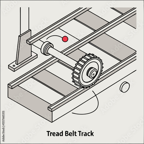 Isometric Illustration Grey Tread Belt Track System with Rotating Wheel and Shaft Detailed Engineering Diagram
