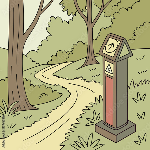 Illustrated Trail Marker Post in Green Landscape Winding Beige Path Trees and Bushes Number Three Sign Up Arrow
