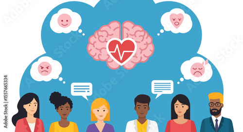 Diverse group with emotional thought bubbles and brain with heartbeat symbol.
