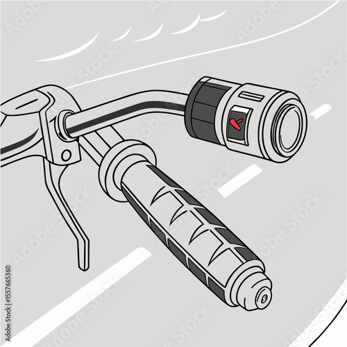 Motorcycle Heated Handlebar Grips Illustration Gray and Black Line Art Design Showing Control Switch and Road Background