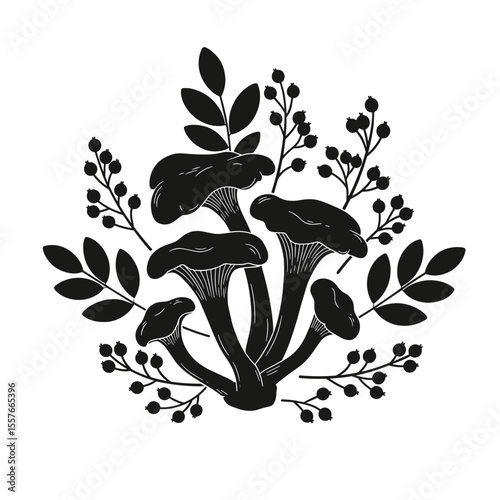 Cluster of black forest mushrooms with foliage illustration for eco design