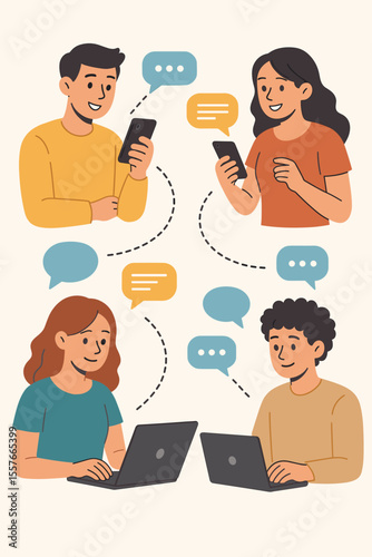 Young people communicating online, instant messaging, teamwork, digital chat, group collaboration, friends using smartphones and laptops, remote work, social media, internet correspondence concept