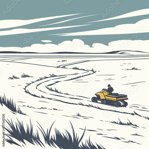 Snowmobile Driver on Winding Path Across Open White Tundra Under a Pale Blue Sky winter landscape