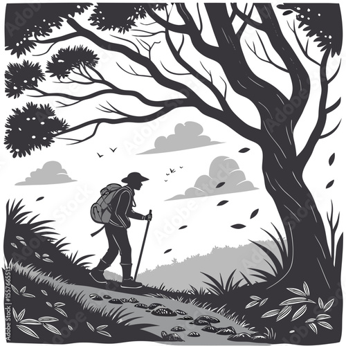 Silhouette of a Hiker with Backpack and Walking Stick Trekking on a Rocky Trail Through a Gray and Black Forest Landscape