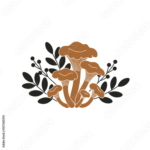 Chanterelle mushrooms with branches in brown and black flat style for logo design