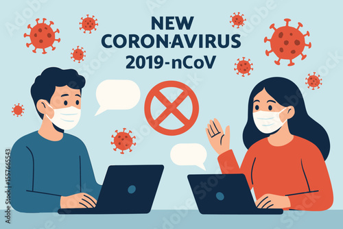 Coronavirus COVID-19 quarantine illustration. People with medical masks working online, remote communication, social distancing, virus prevention, ban on contact, pandemic, 2019-nCoV outbreak concept