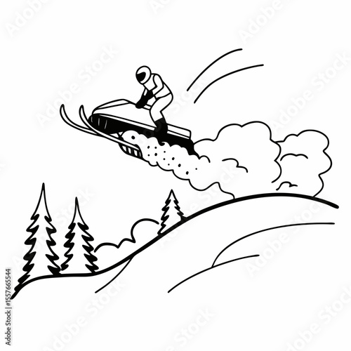 Snowmobile Freestyle Jump Black and White Line Art Illustration Isolated on White Background Rider in Helmet Performing Aerial Maneuver over Snowy Hill with Pine Trees