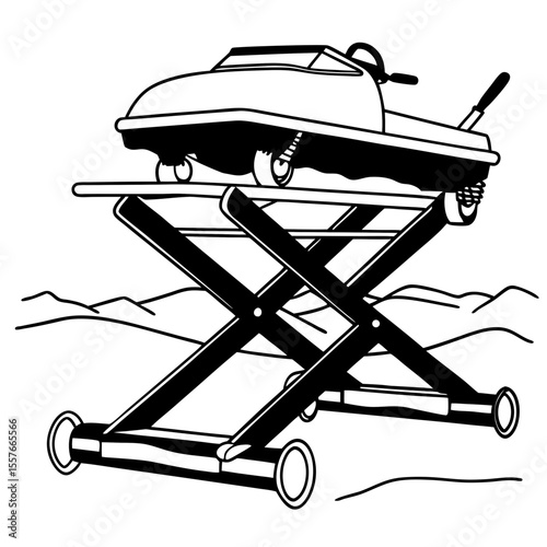 Snowmobile on a Black and White Scissor Jack Lift Isolated on White Background automotive lift vehicle lift