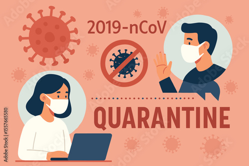 Coronavirus 2019-nCoV quarantine vector illustration, people wearing medical masks, remote communication, online social distancing, virus prevention, no contact, pandemic safety concept