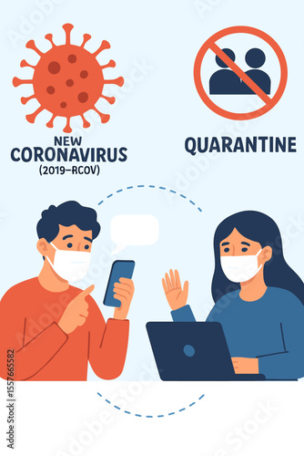 Coronavirus Quarantine Social Distancing Concept. Online Communication, Remote Work, Digital Connection. New Coronavirus 2019-nCoV, Ban on Contact, People Using Devices, Virus Prevention, Isolation