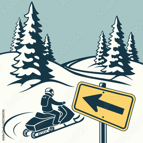 Snowmobile Rider Approaching Left Turn Arrow Sign Winter Snowscape Snowy Pines Landscape Illustration