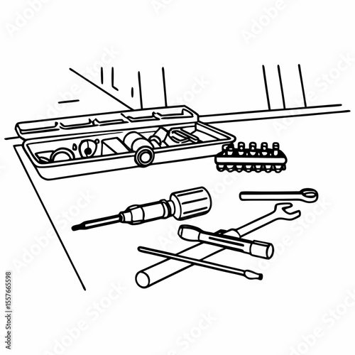 Snowmobile Repair Toolkit Illustration Black and White Line Drawing Open Case Wrenches Screwdrivers Socket Set Tools Isolated on White Background