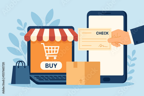 Online shopping and e-commerce business concept. Laptop with striped awning, shopping cart, buy button, smartphone, hand holding check, delivery box, shopping bag. Digital payment, internet retail