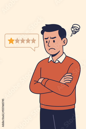 Upset Man Receiving One Star Rating, Negative Feedback, Poor Performance Review, Low Grade, Disappointment, Customer Complaint, Angry Reaction, Low Quality Service, Flat Cartoon Vector Illustration