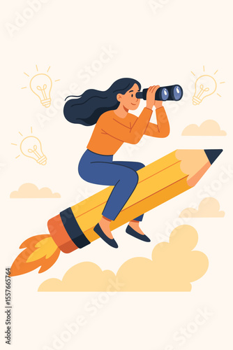 Creative female designer flying on rocket pencil searching for inspiration and new ideas, innovation concept, visionary artist exploring creativity, imagination, artistic growth, creative journey