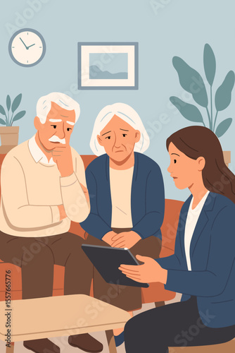 Senior couple receiving financial or medical consultation at home with advisor. Elderly support, retirement planning, healthcare discussion. Modern flat vector illustration, cozy living room interior.