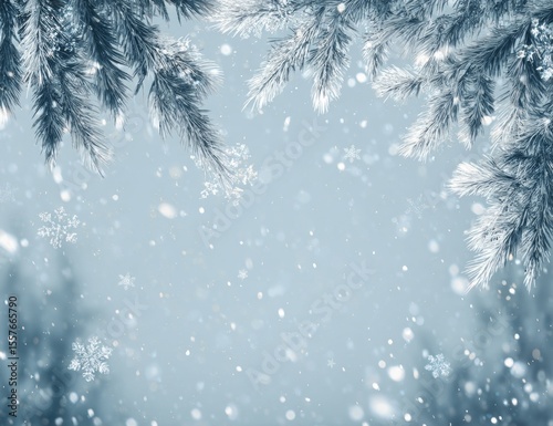 Blue Winter Background with Snow Falling on Pine Branches