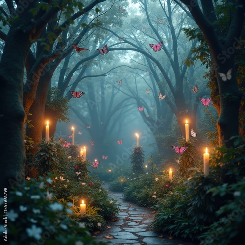 A serene forest path illuminated by candles, with a monarch butterfly suspended from delicate threads among lush trees, creating a tranquil natural moment. Generative, AI,