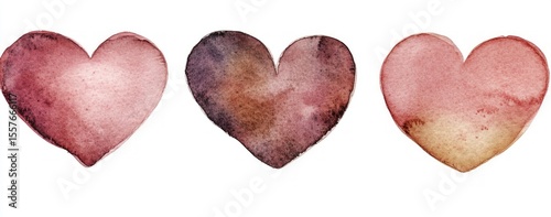 Three Watercolor Hearts in Red Brown and Pink Shades