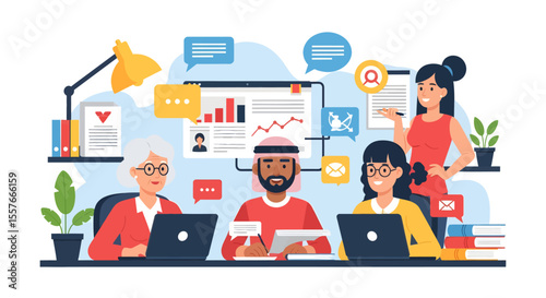 Diverse Team Collaborating on Business Strategy with Digital Communication Tools.