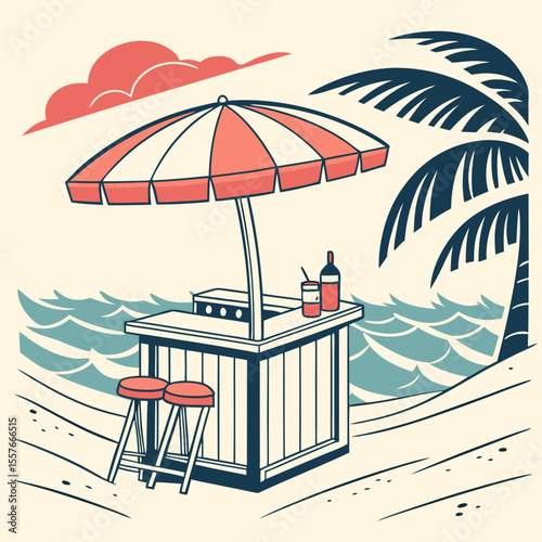 Beach Scene with Umbrella – Summer Vacation Vector Illustration | Sunny Beach Landscape with Umbrella and Beach Elements 