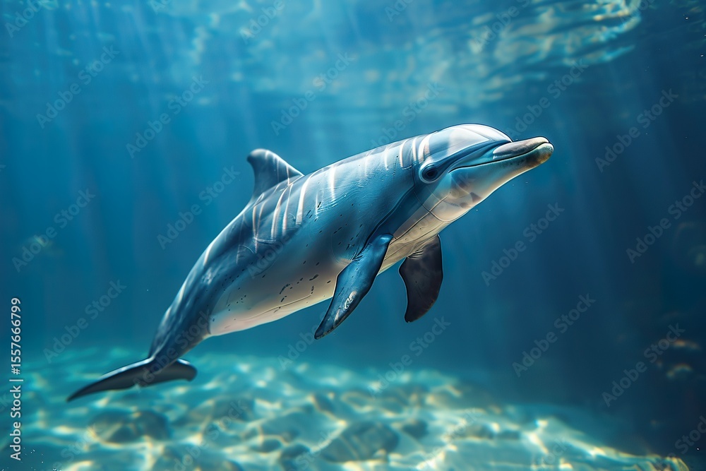 Fototapeta premium A majestic dolphin swimming effortlessly through the water, its body and tail fins visible in a close-up shot. -