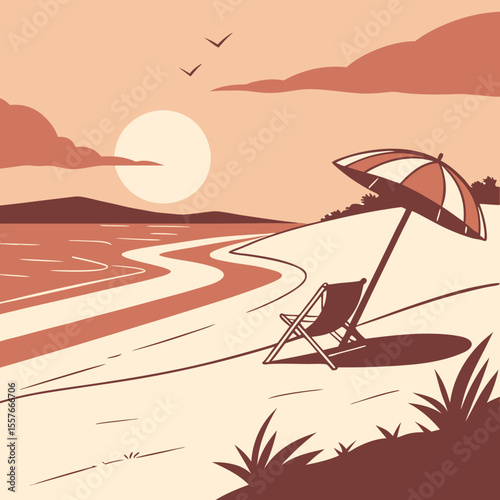 Beach Scene with Umbrella – Summer Vacation Vector Illustration | Sunny Beach Landscape with Umbrella and Beach Elements | Relaxing Beach Scene – Umbrella, Chair, and Beach Items Vector