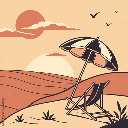 Beach Scene with Umbrella – Summer Vacation Vector Illustration | Sunny Beach Landscape with Umbrella and Beach Elements 