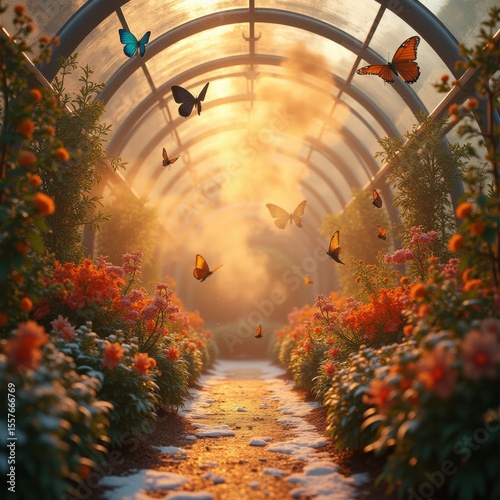 A luminous forest tunnel glowing with pink and orange light, filled with butterflies and floating lanterns, creating a whimsical, dreamlike atmosphere. Generative, AI,