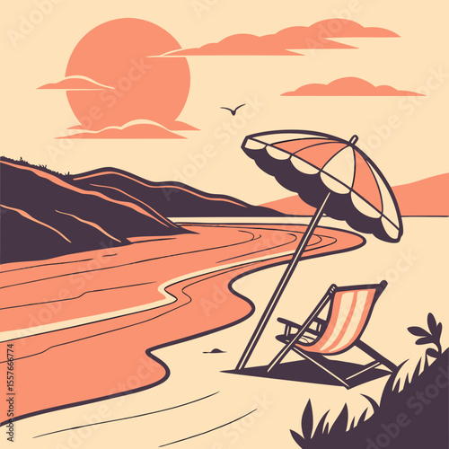 Beach Scene with Umbrella – Summer Vacation Vector Illustration | Sunny Beach Landscape with Umbrella and Beach Elements | Relaxing Beach Scene – Umbrella, Chair, and Beach Items Vector