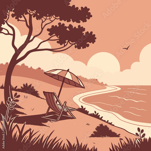 Beach Scene with Umbrella – Summer Vacation Vector Illustration | Sunny Beach Landscape with Umbrella and Beach Elements 
