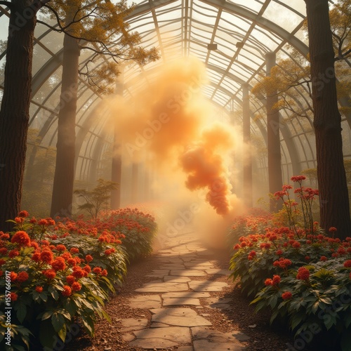 A luminous forest tunnel glowing with pink and orange light, filled with butterflies and floating lanterns, creating a whimsical, dreamlike atmosphere. Generative, AI,