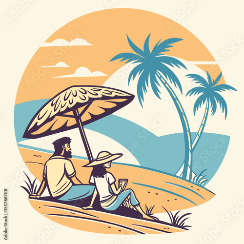 Beach Scene with Umbrella – Summer Vacation Vector Illustration | Sunny Beach Landscape with Umbrella and Beach Elements 