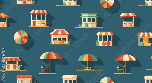 Flat Design Pattern Featuring Colorful Beach Kiosks and Umbrellas on Dark Teal.