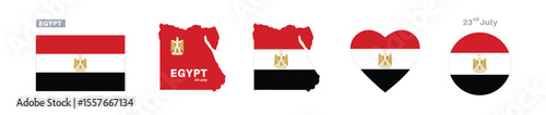 egypt flag and map set. egypt flag in official colors and proportions. independence day 23 july, map, circle and heart shaped egypt 