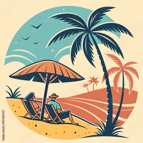 Beach Scene with Umbrella – Summer Vacation Vector Illustration | Sunny Beach Landscape with Umbrella and Beach Elements 