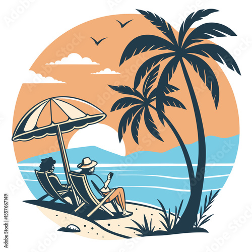 Beach Scene with Umbrella – Summer Vacation Vector Illustration | Sunny Beach Landscape with Umbrella and Beach Elements | Relaxing Beach Scene – Umbrella, Chair, and Beach Items Vector