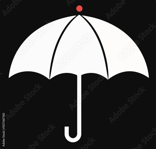 A clean vector icon of an open white umbrella with a small red dot at the top, providing a striking contrast against a black background.