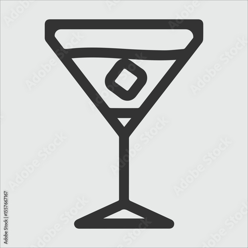 Simple line art icon of a martini glass with ice cube on a light gray background