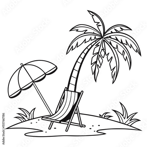 Beach Scene with Umbrella – Summer Vacation Vector Illustration | Sunny Beach Landscape with Umbrella and Beach Elements 