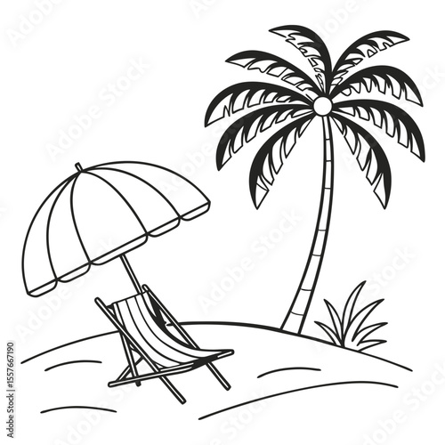 Beach Scene with Umbrella – Summer Vacation Vector Illustration | Sunny Beach Landscape with Umbrella and Beach Elements 