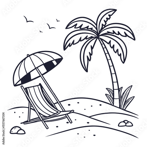 Beach Scene with Umbrella – Summer Vacation Vector Illustration | Sunny Beach Landscape with Umbrella and Beach Elements | Relaxing Beach Scene – Umbrella, Chair, and Beach Items Vector