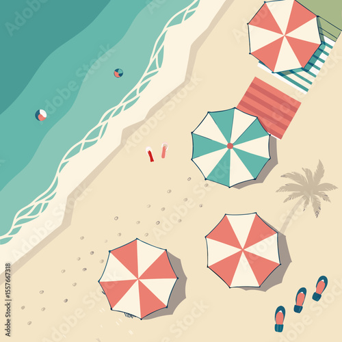 Beach Scene with Umbrella – Summer Vacation Vector Illustration | Sunny Beach Landscape with Umbrella and Beach Elements | Relaxing Beach Scene – Umbrella, Chair, and Beach Items Vector