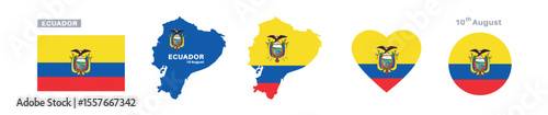 ecuador flag and map set. ecuador flag in official colors and proportions. independence day 10 august , map, circle and heart shaped ecuador 