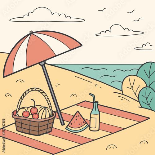 Beach Scene with Umbrella – Summer Vacation Vector Illustration | Sunny Beach Landscape with Umbrella and Beach Elements 