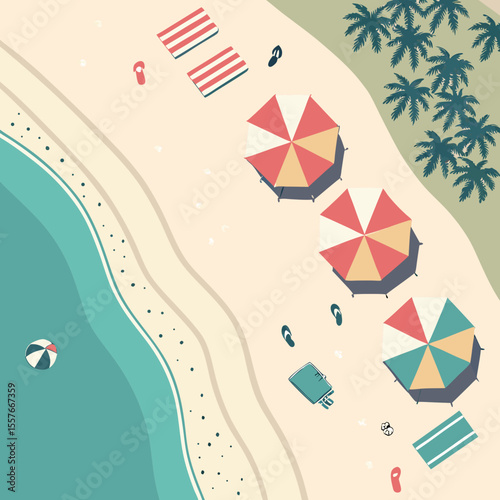 Beach Scene with Umbrella – Summer Vacation Vector Illustration | Sunny Beach Landscape with Umbrella and Beach Elements | Relaxing Beach Scene – Umbrella, Chair, and Beach Items Vector