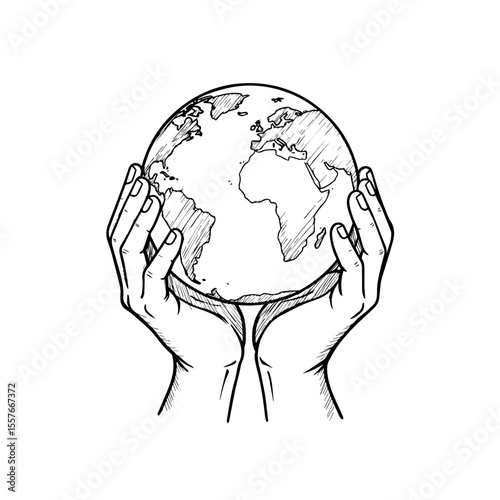 Hands holding earth globe sketch.  Detailed drawing of hands carefully cradling planet earth.  Environmental protection concept ideal for Plastic Bag Free Day campaign materials.