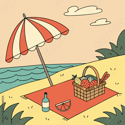 Beach Scene with Umbrella – Summer Vacation Vector Illustration | Sunny Beach Landscape with Umbrella and Beach Elements | Relaxing Beach Scene – Umbrella, Chair, and Beach Items Vector